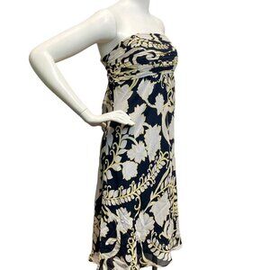ANN TAYLOR Sz 6P White, Dark Blue and Yellow Floral Strapless 100% Silk Dress